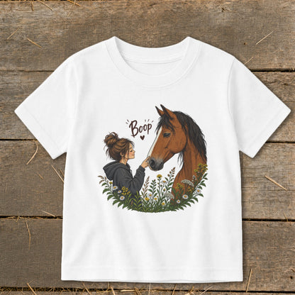 Girl touching horse's nose with "Boop" text and heart graphic.