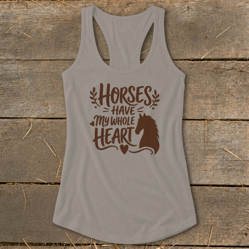 Brown text on tan tank top reads "Horses Have My Whole Heart" with horse silhouette.