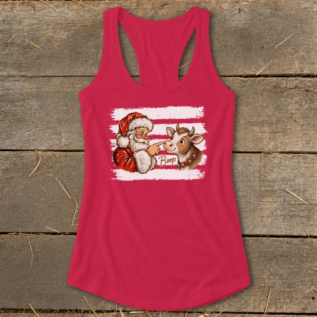 Santa booping a cow with "Boop" text on a pink tank top.