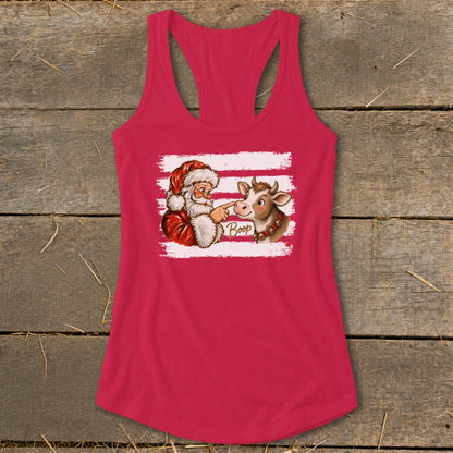 Santa booping a cow with "Boop" text on a pink tank top.