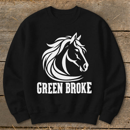 Black crewneck sweatshirt featuring a white graphic of a horse head and the text GREEN BROKE.