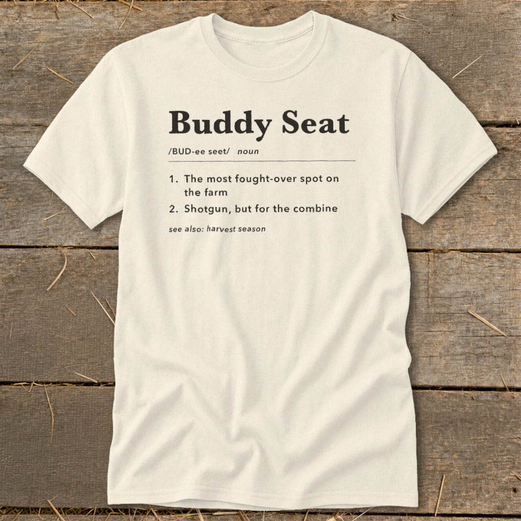 Cream t-shirt with "Buddy Seat" definition.