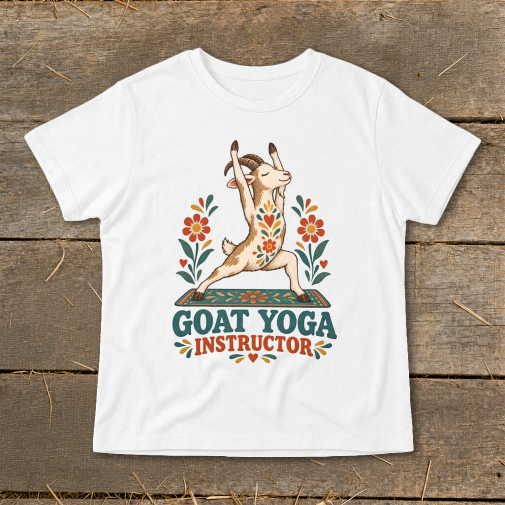 White t-shirt with a goat in yoga pose, surrounded by flowers, and text "Goat Yoga Instructor".