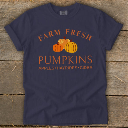 Navy t-shirt with "Farm Fresh Pumpkins" and fall activities text.