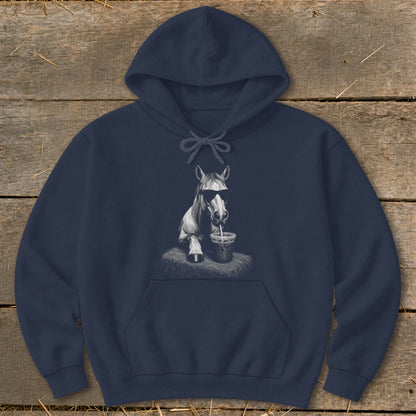 Navy hoodie with graphic of a horse wearing sunglasses drinking from a cup.