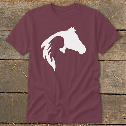 Maroon t-shirt with a white silhouette of a woman and a horse head.