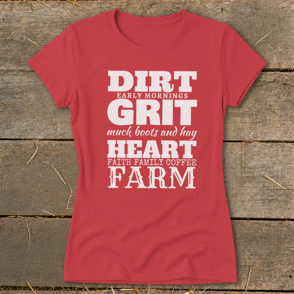 Red t-shirt with white text: Dirt, Grit, Heart, Farm.