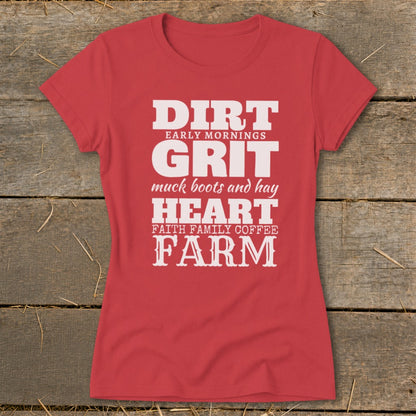 Red t-shirt with white text: Dirt, Grit, Heart, Farm.
