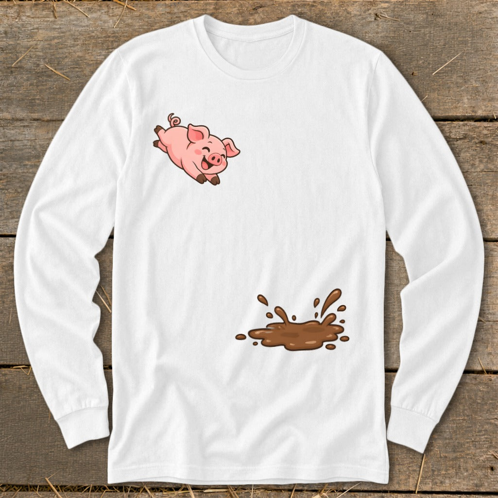 White long-sleeve t-shirt with a cartoon pig jumping into a mud puddle.