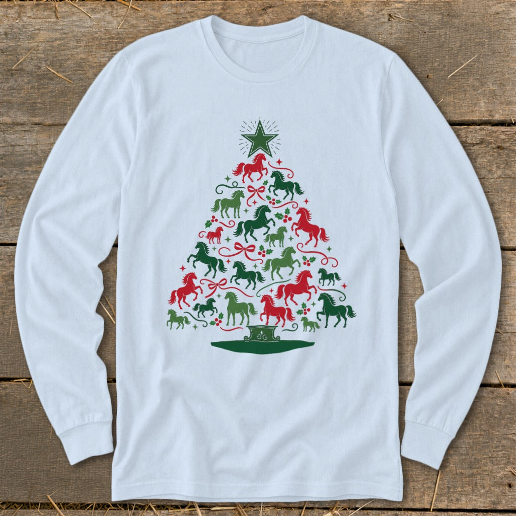 Long sleeve white t-shirt with a Christmas tree made of red and green horses and holly berries.
