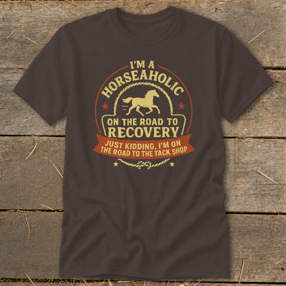 Brown t-shirt with "Horseaholic" graphic and text about tack shops.