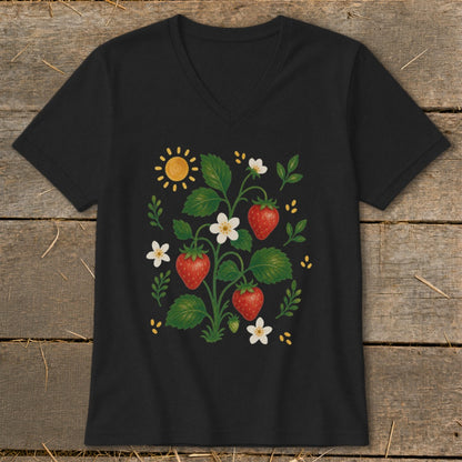 Black t-shirt with a strawberry plant, flowers, and sun graphic.