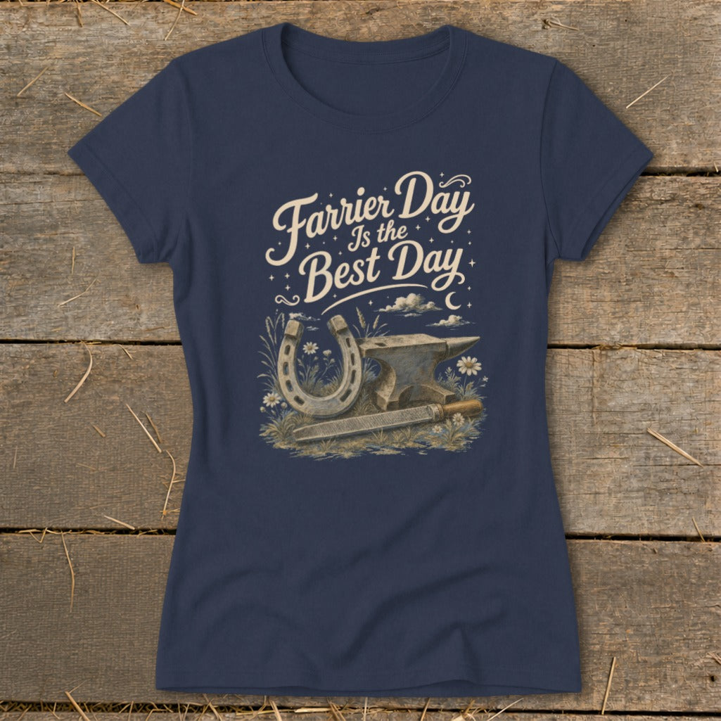 Navy t-shirt with "Farrier Day Is The Best Day" graphic of horseshoe, anvil, and file.