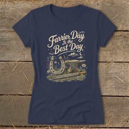 Navy t-shirt with "Farrier Day Is The Best Day" graphic of horseshoe, anvil, and file.
