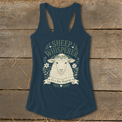 Navy racerback tank top with a sheep wearing a flower crown and "Sheep Whisperer" text.