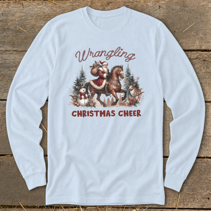 Santa on horseback with snowman and reindeer, text "Wrangling Christmas Cheer".