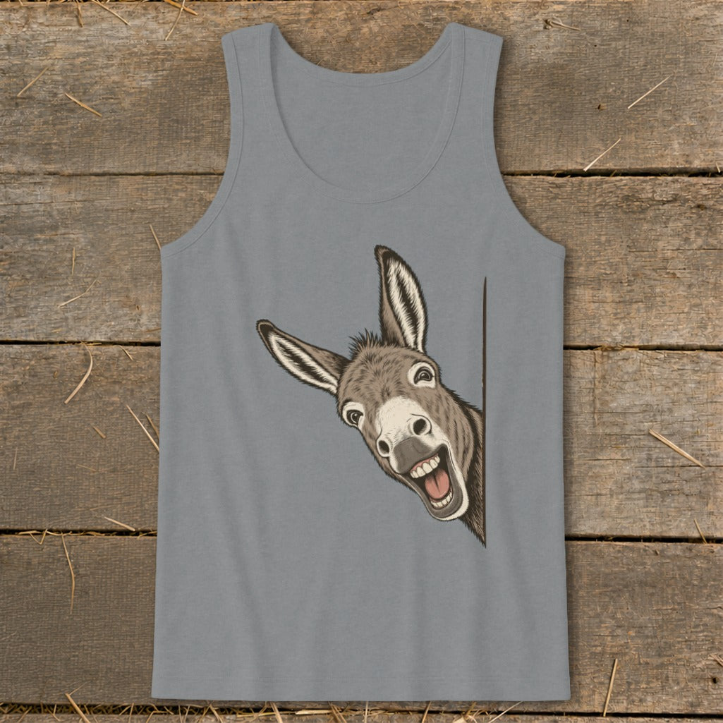 Grey tank top with a cartoon donkey peeking around the corner.