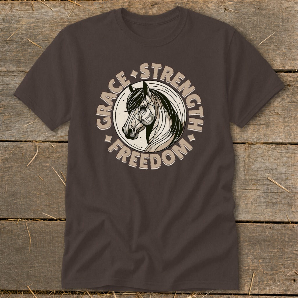 Dark brown t-shirt with horse head graphic and text "Grace Strength Freedom".