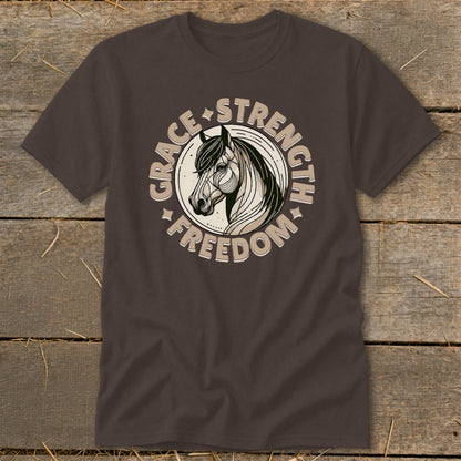 Dark brown t-shirt with horse head graphic and text "Grace Strength Freedom".