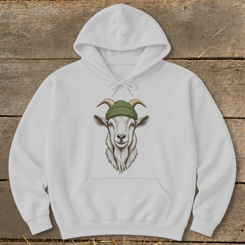 White hoodie with a drawing of a goat wearing a green beanie.