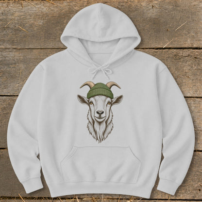 White hoodie with a drawing of a goat wearing a green beanie.