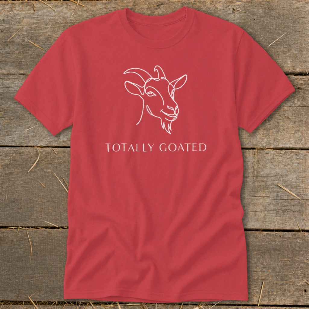Red t-shirt with a white line drawing of a goat and text "TOTALLY GOATED".