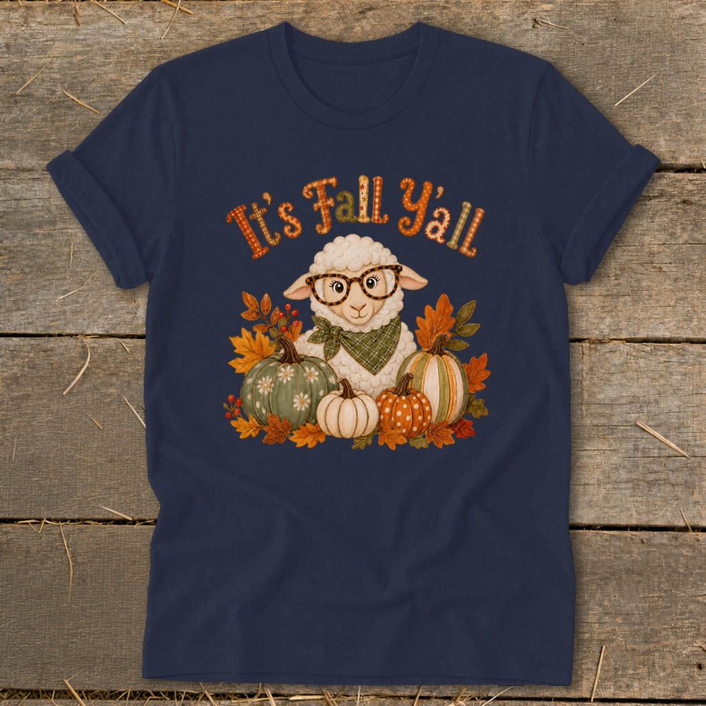 T-shirt with a sheep wearing glasses and a bandana, surrounded by pumpkins and fall leaves.