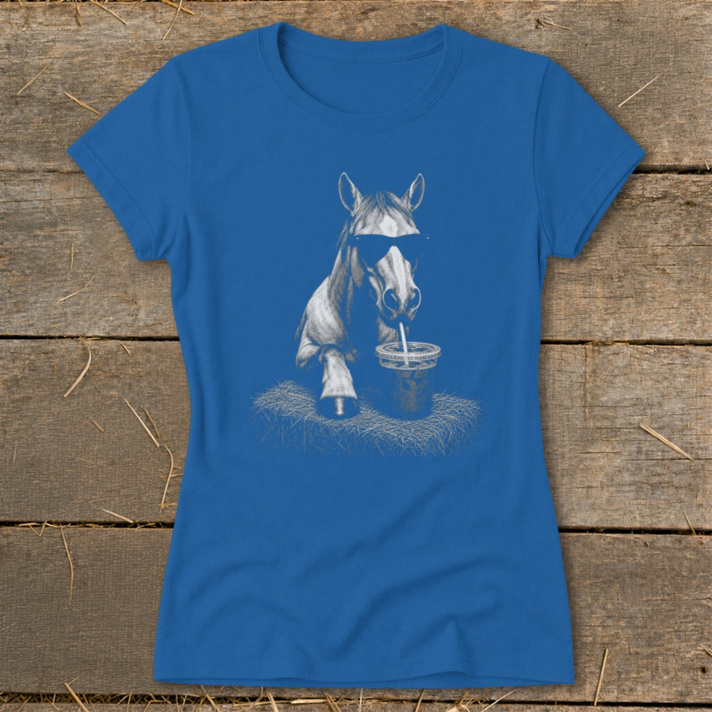 Blue t-shirt with graphic of a horse wearing sunglasses drinking from a cup.