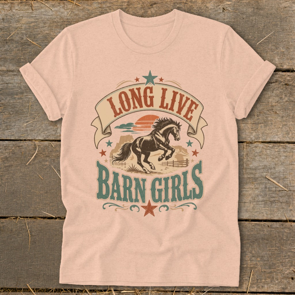Peach t-shirt with "Long Live Barn Girls" text and a running horse graphic.