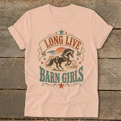 Peach t-shirt with "Long Live Barn Girls" text and a running horse graphic.