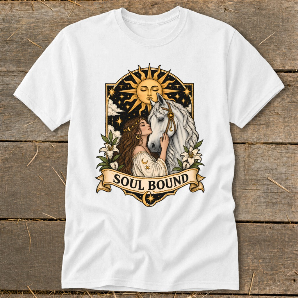 White t-shirt with "Soul Bound" text, woman, and horse under sun.