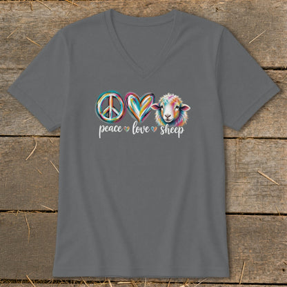 Peace love sheep graphic on grey v-neck t-shirt.