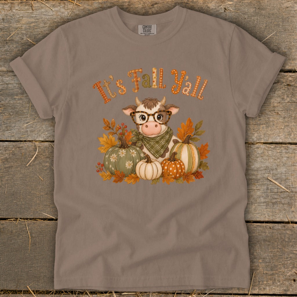 Brown t-shirt with "It's Fall Y'all" text, a cow, and pumpkins.