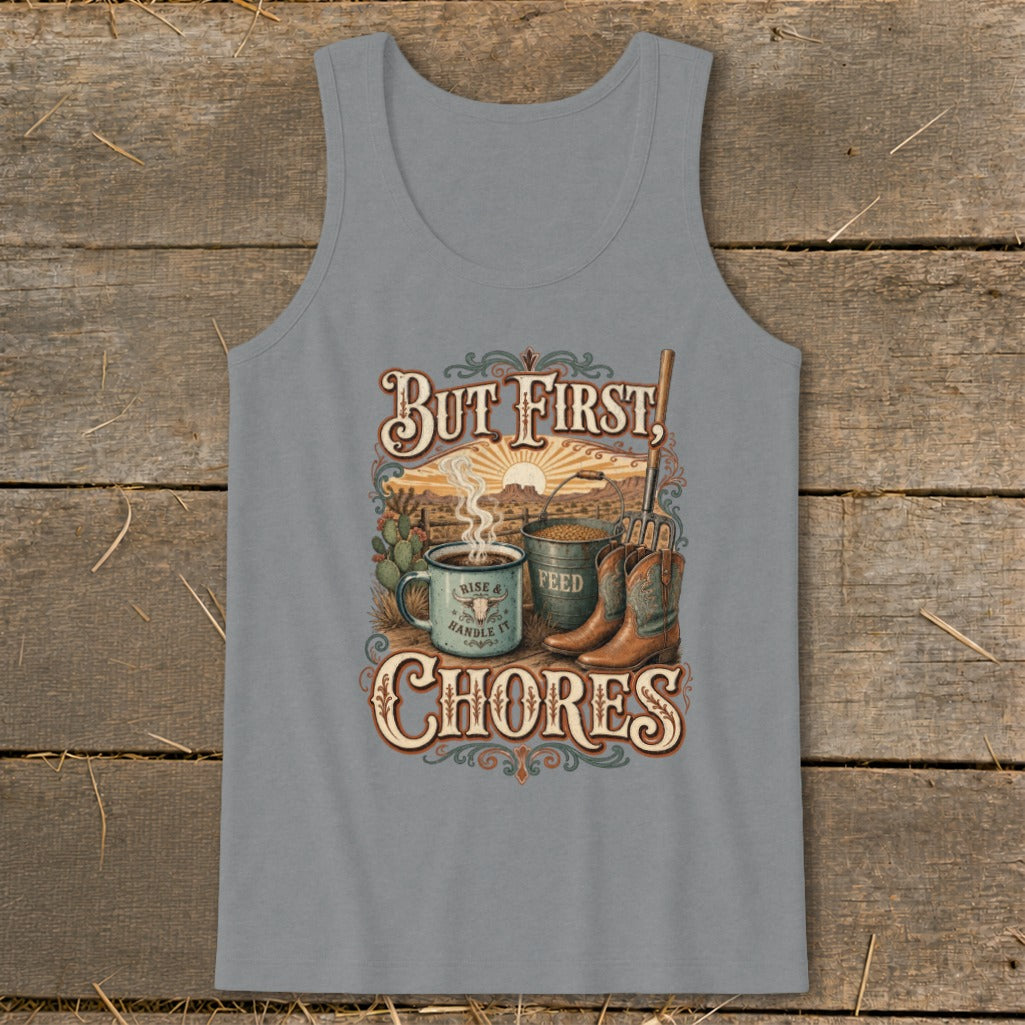 Gray tank top with "But First, Chores" text and farm graphics.