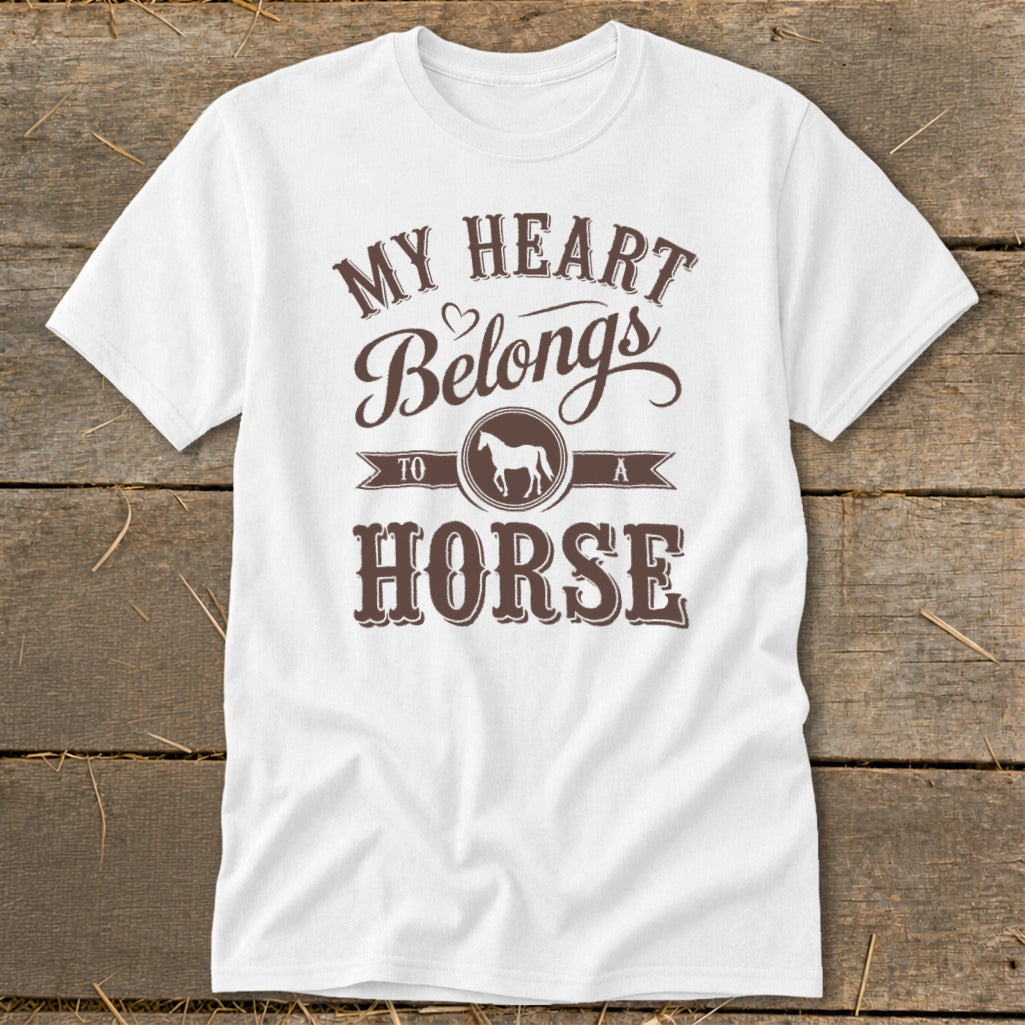 White t-shirt with brown text "My Heart Belongs to a Horse" and horse graphic.