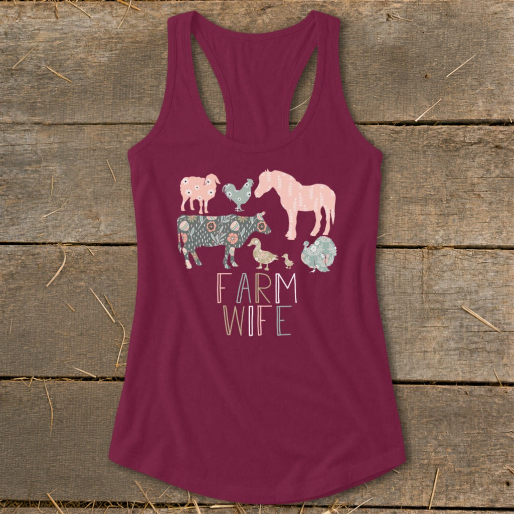 Maroon tank top with floral farm animals and "FARM WIFE" text.