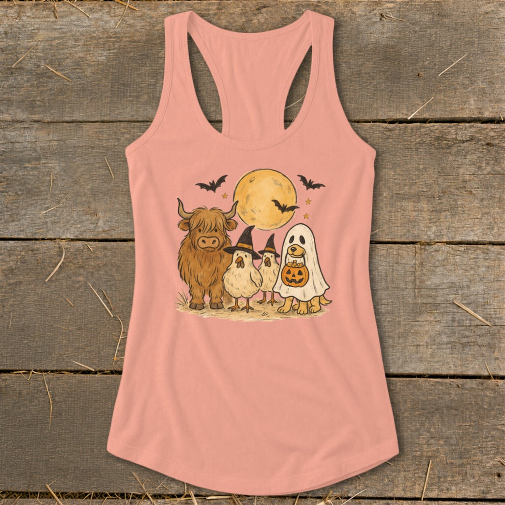 Halloween-themed graphic of a Highland cow, chicks, and dog in a ghost costume.