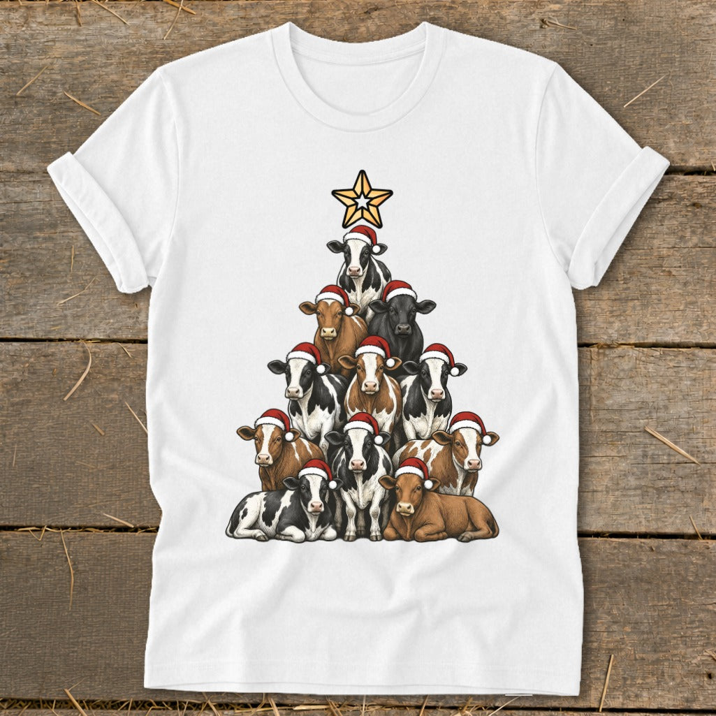 Cows wearing Santa hats arranged in a Christmas tree shape with a star on top.