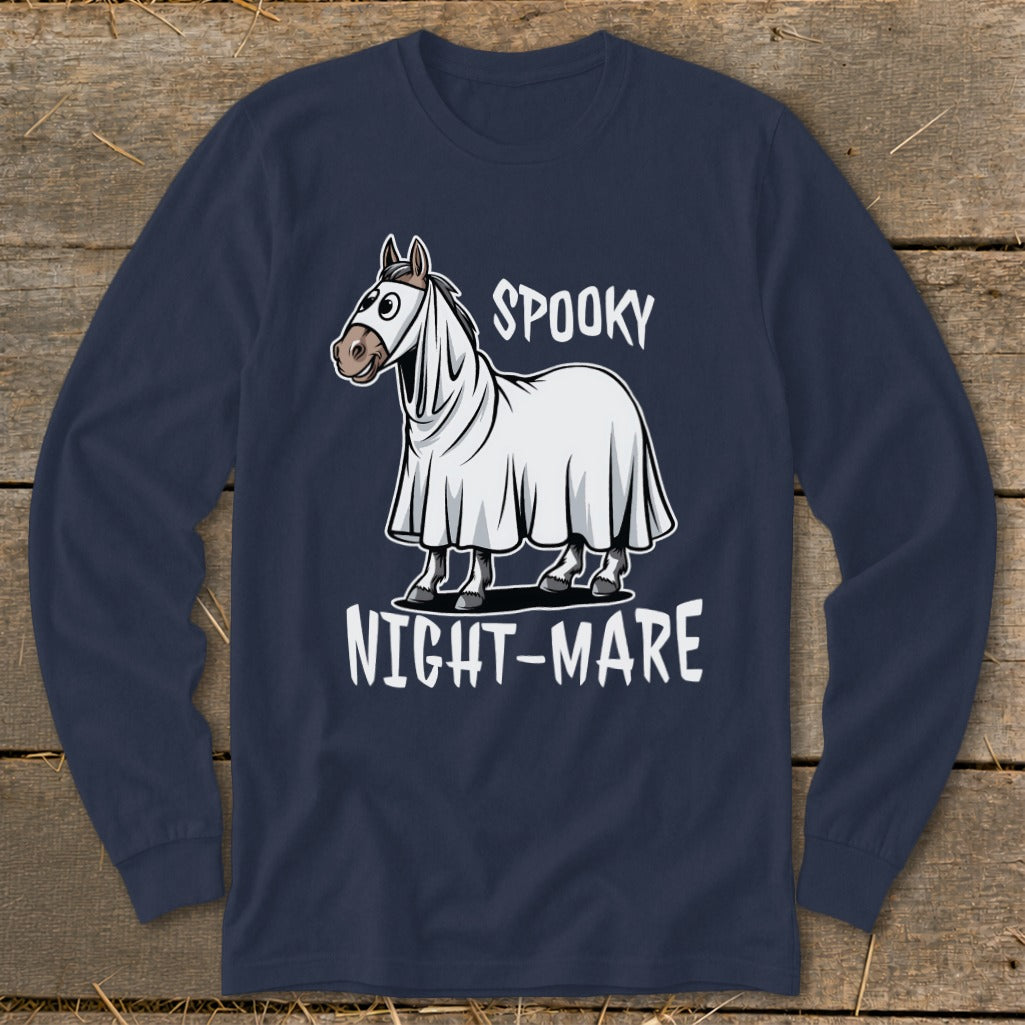 Horse in ghost costume with text "SPOOKY NIGHT-MARE" on navy long-sleeve shirt.