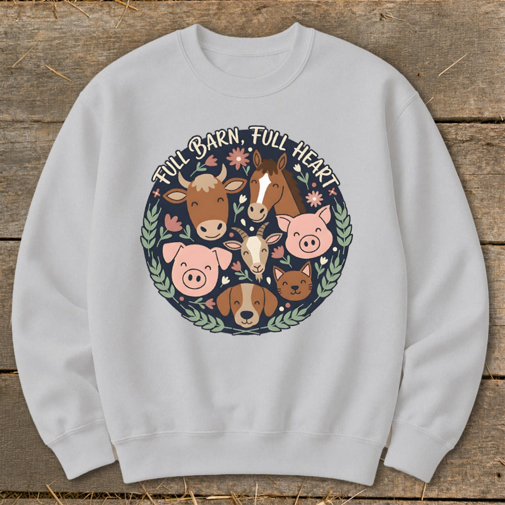 Crewneck sweatshirt with "Full Barn, Full Heart" text and cartoon farm animals in a circle.