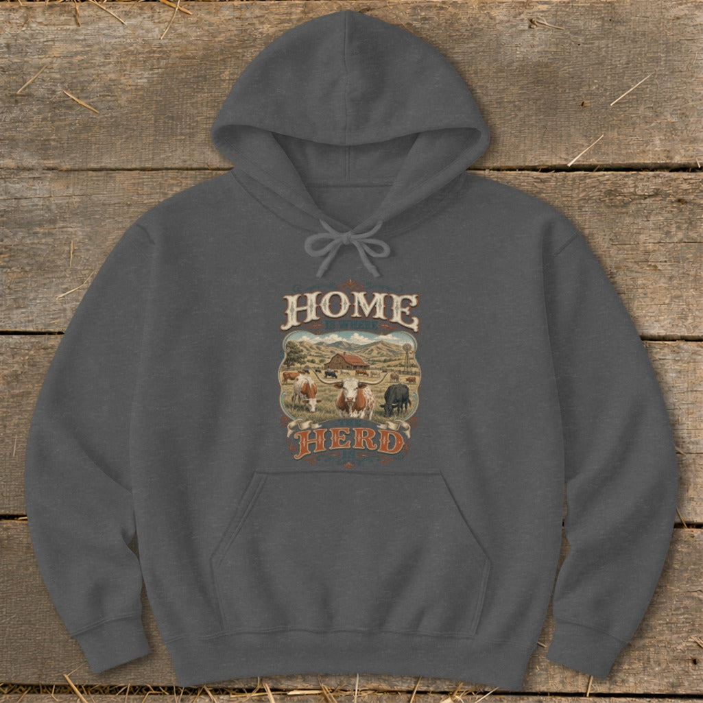 Dark grey hoodie with "HOME IS WHERE THE HERD IS" text and farm scene graphic.