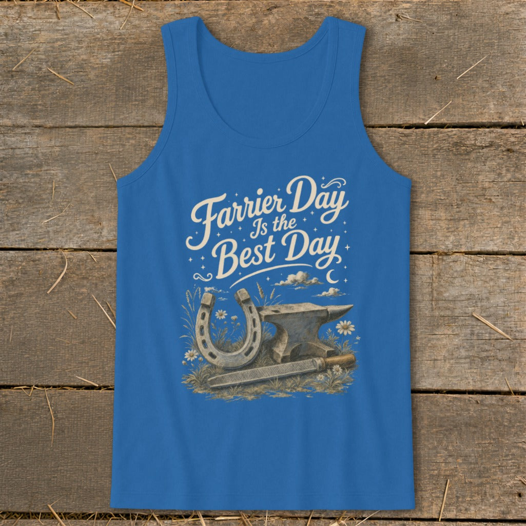 Blue tank top with "Farrier Day Is the Best Day" text and horseshoe, anvil, and file graphic.
