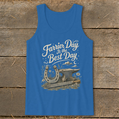 Blue tank top with "Farrier Day Is the Best Day" text and horseshoe, anvil, and file graphic.