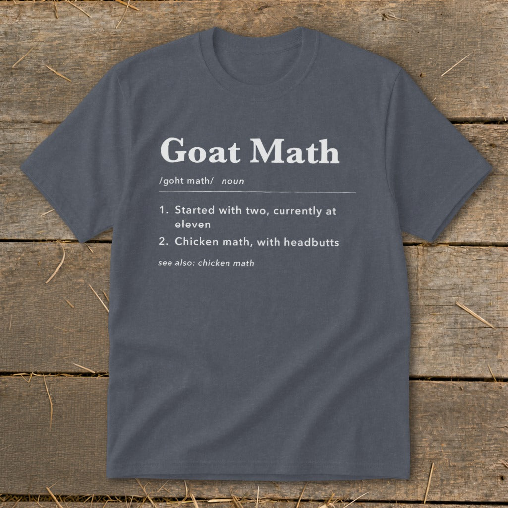 Charcoal t-shirt with "Goat Math" definition in white text.