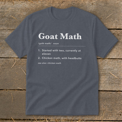 Charcoal t-shirt with "Goat Math" definition in white text.