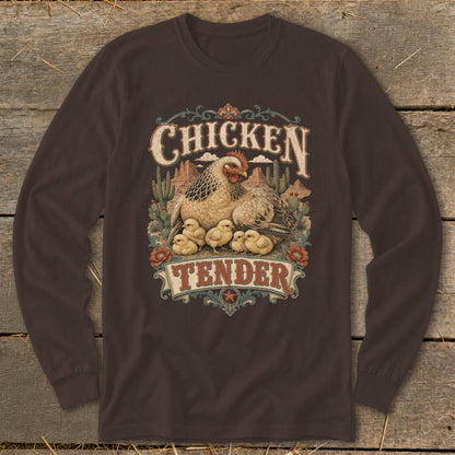 Brown long-sleeve shirt with "Chicken Tender" graphic featuring a hen and chicks in a desert landscape.