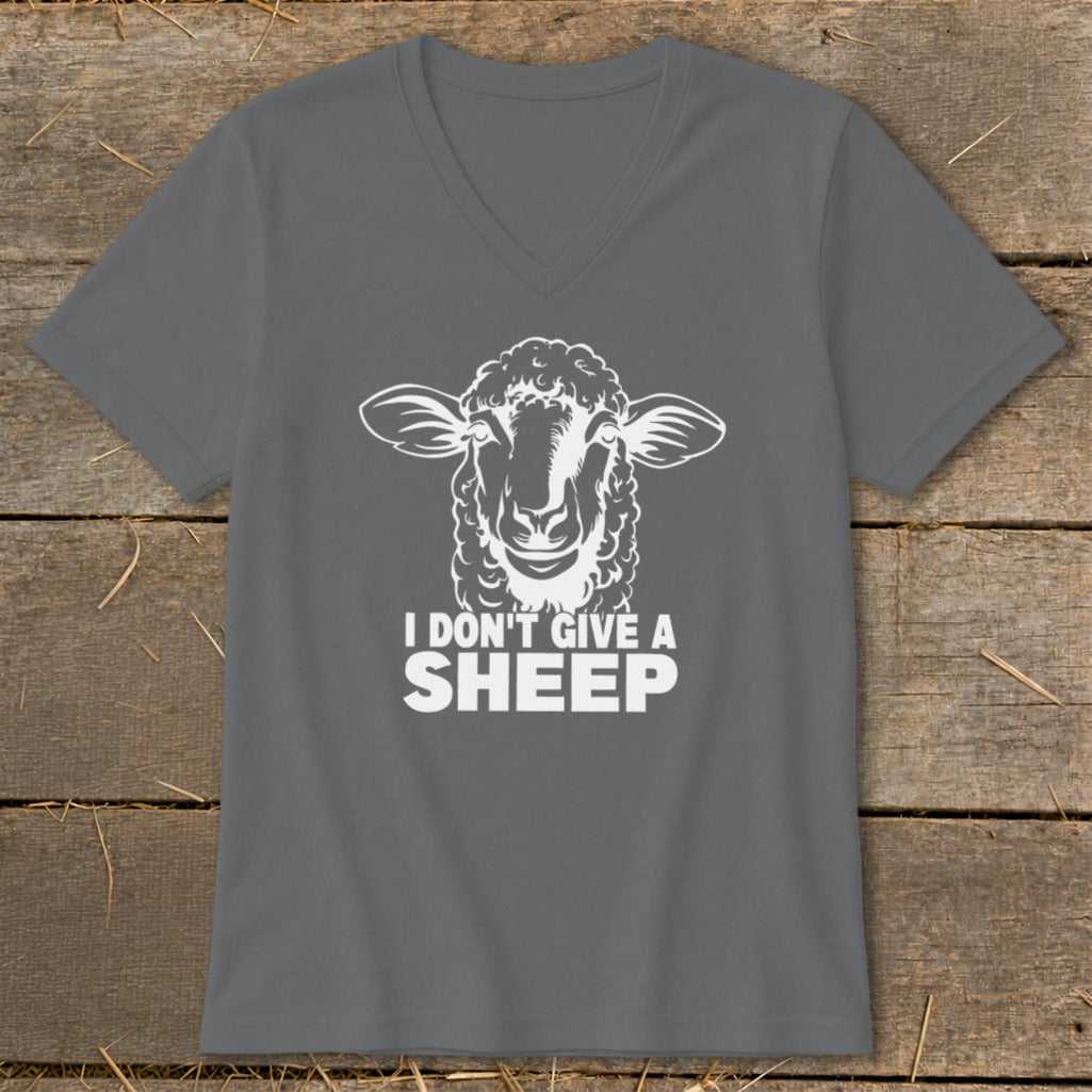 Gray v-neck t-shirt with white graphic of a sheep and text "I DON'T GIVE A SHEEP".