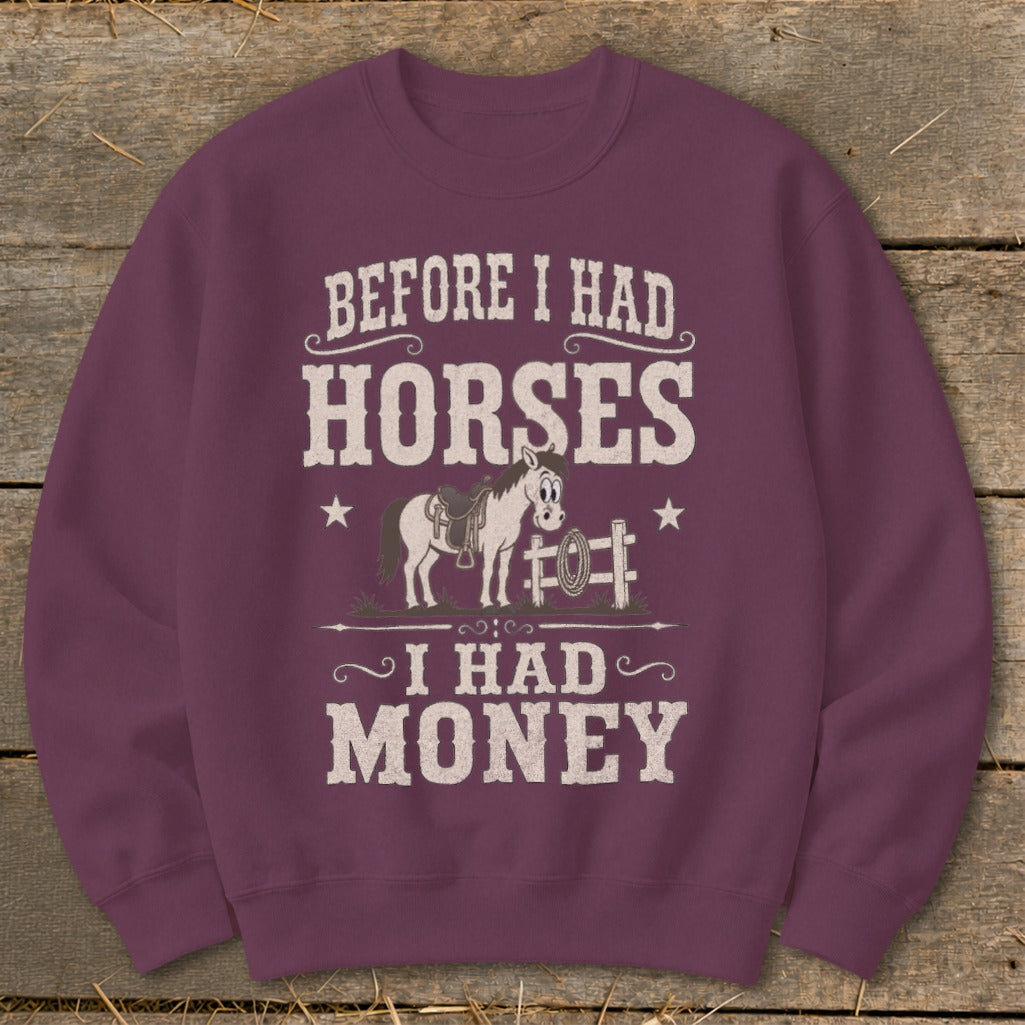 Maroon sweatshirt with "Before I Had Horses I Had Money" text and horse graphic.