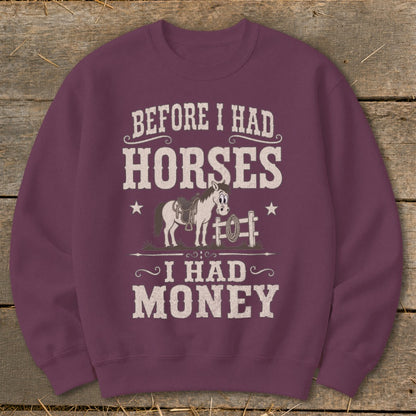 Maroon sweatshirt with "Before I Had Horses I Had Money" text and horse graphic.