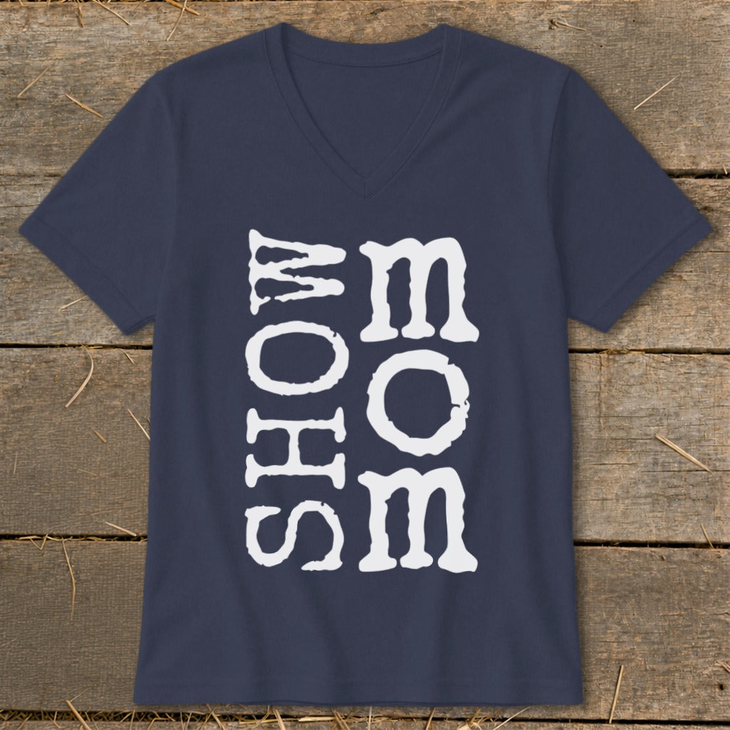 Navy v-neck t-shirt with white "SHOW MOM" text in a vertical layout.